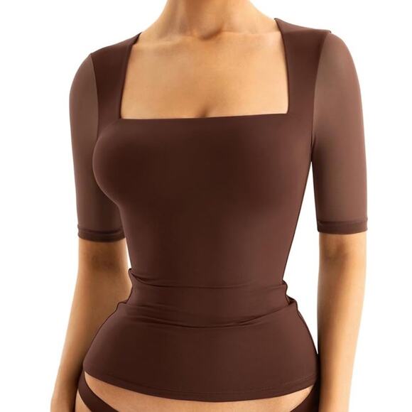 Sexy Square Neck Shirt Top Women’s Small Double Lined Half Mesh Sleeve Brown NEW - Picture 1 of 3